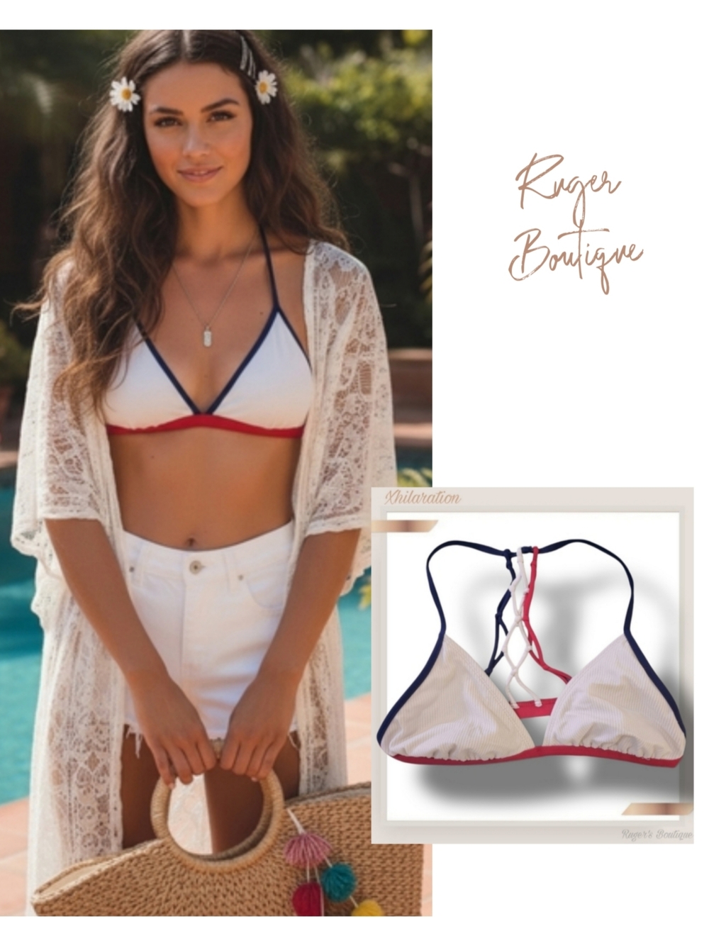 🌿Xhilation Large Women's July 4th Red White & Blue Bikini Top